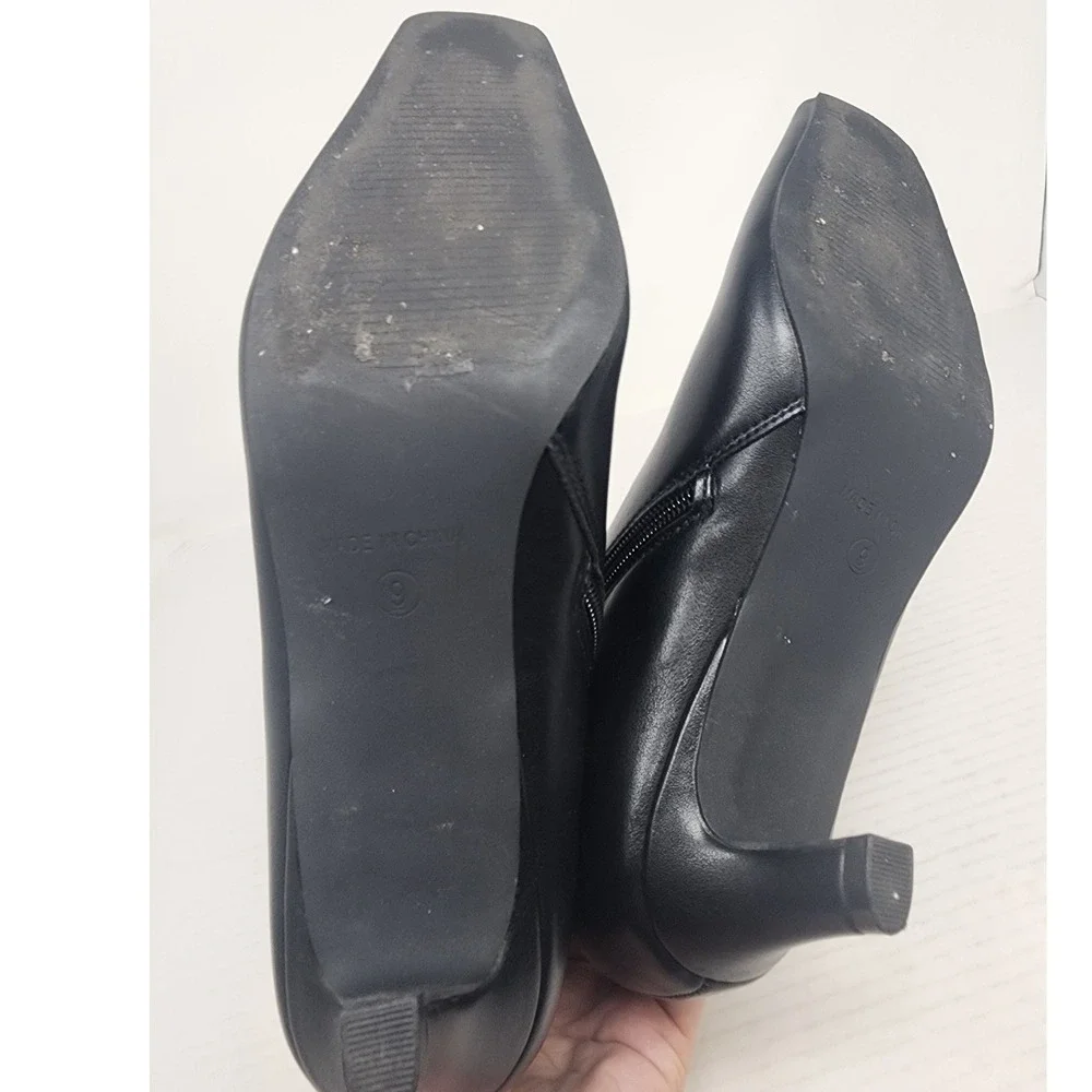 Womens Black Faux Leather Square Toe Kitten‎ Heel Ankle Boots Size 9 Side Zip